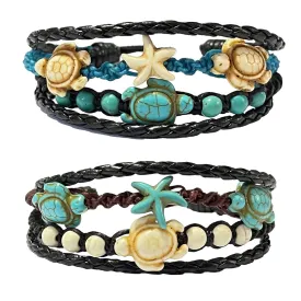 2Pcs Turtle Hemp Bracelet and Starfish Cute Bracelet-Hawaiian Sea Turtle Bracelet-Hemp Bracelet Adjustable Cord Jewelry Gifts for Mens Womens