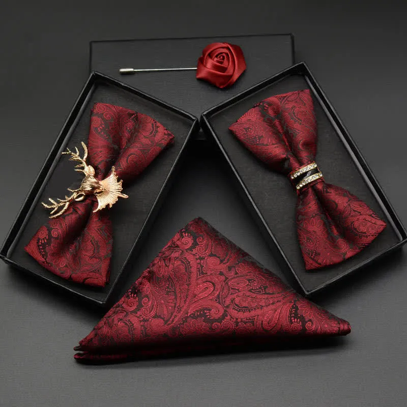 3Pcs Men's Burgundy Paisley Gold Decor Bow Tie Set