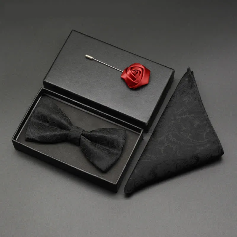 3Pcs Men's Burgundy Paisley Gold Decor Bow Tie Set