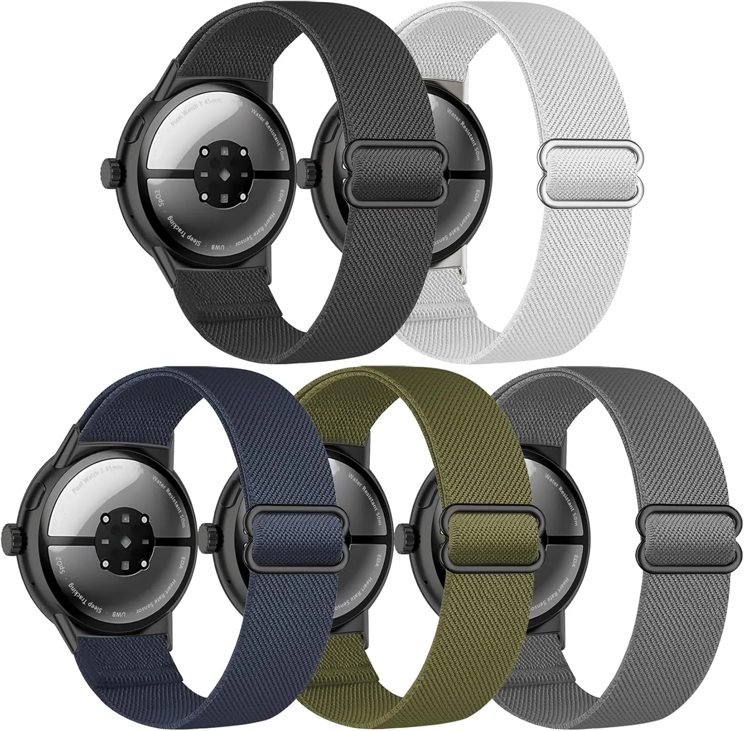 5 Pack Stretchy Nylon Compatible with Google Pixel Watch 3 45mm Band for Women Men, Elastic Adjustable Straps Soft Sport Wristbands Replacement for Pixel Watch 3 45mm Accessories