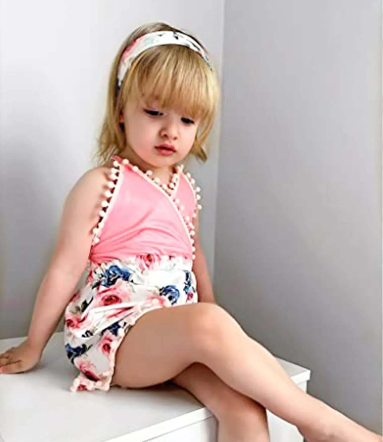 Baby Girls Outfits 6M-3T Pompom Sleeveless Bodysuit For Toddler Girl Summer Clothes With Headband Backless