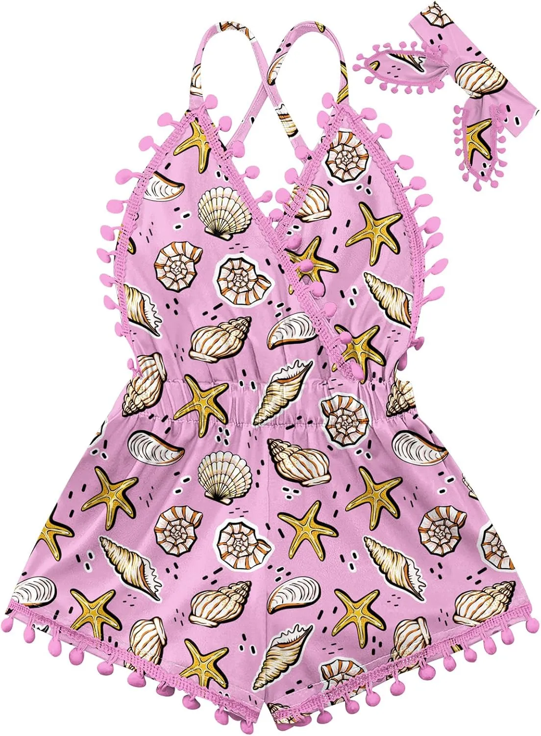Baby Girls Outfits 6M-3T Pompom Sleeveless Bodysuit For Toddler Girl Summer Clothes With Headband Backless