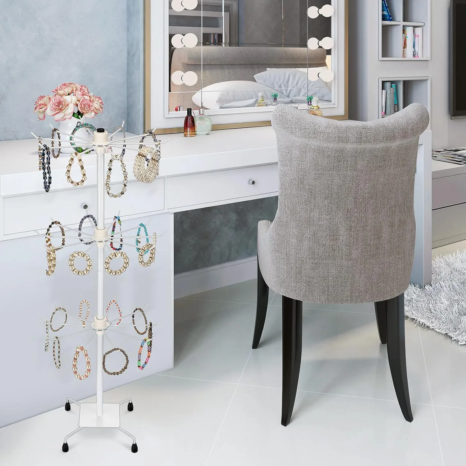 BBTO 2 Pcs Rotating Display Stand Jewelry Display Rack with Hooks Metal Earrings Stand for Vendors Necklace Bracelet Selling(White,28.35 x 11.81 Inch)