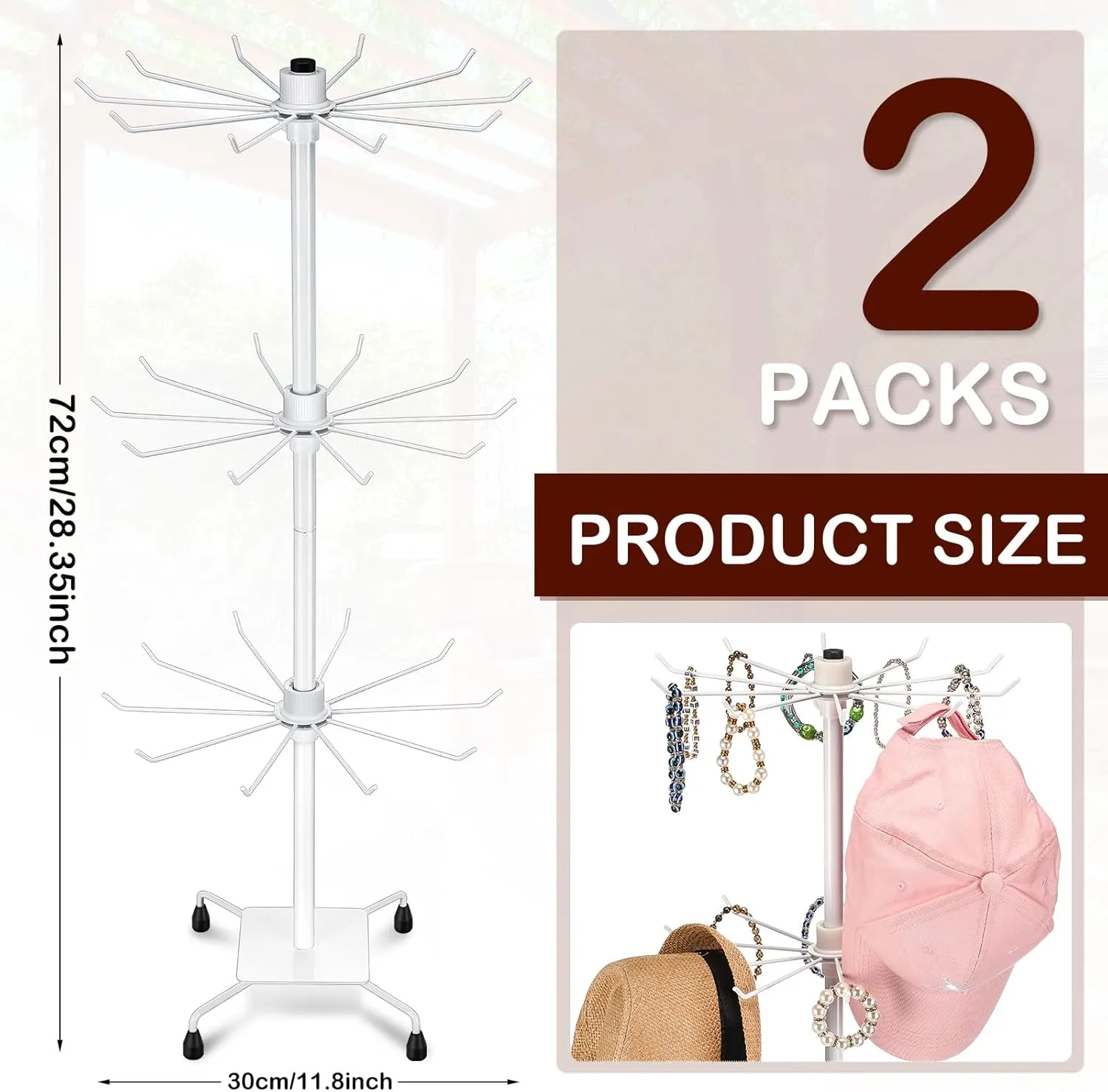 BBTO 2 Pcs Rotating Display Stand Jewelry Display Rack with Hooks Metal Earrings Stand for Vendors Necklace Bracelet Selling(White,28.35 x 11.81 Inch)