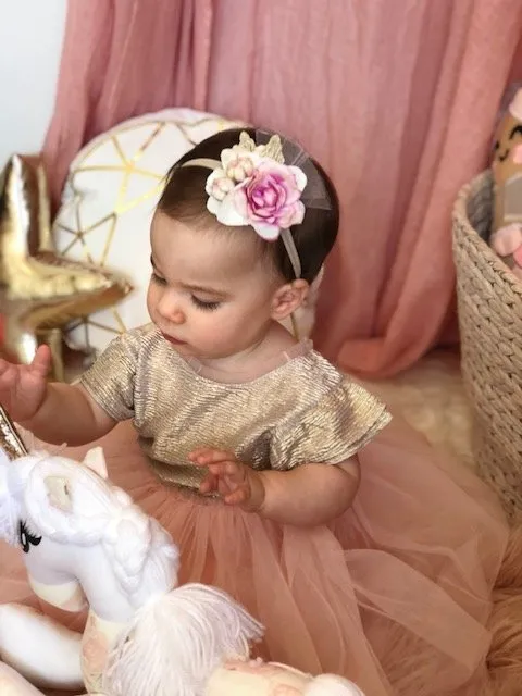 Butterfly Blossom Elastic Baby Headband -Cream/Pink