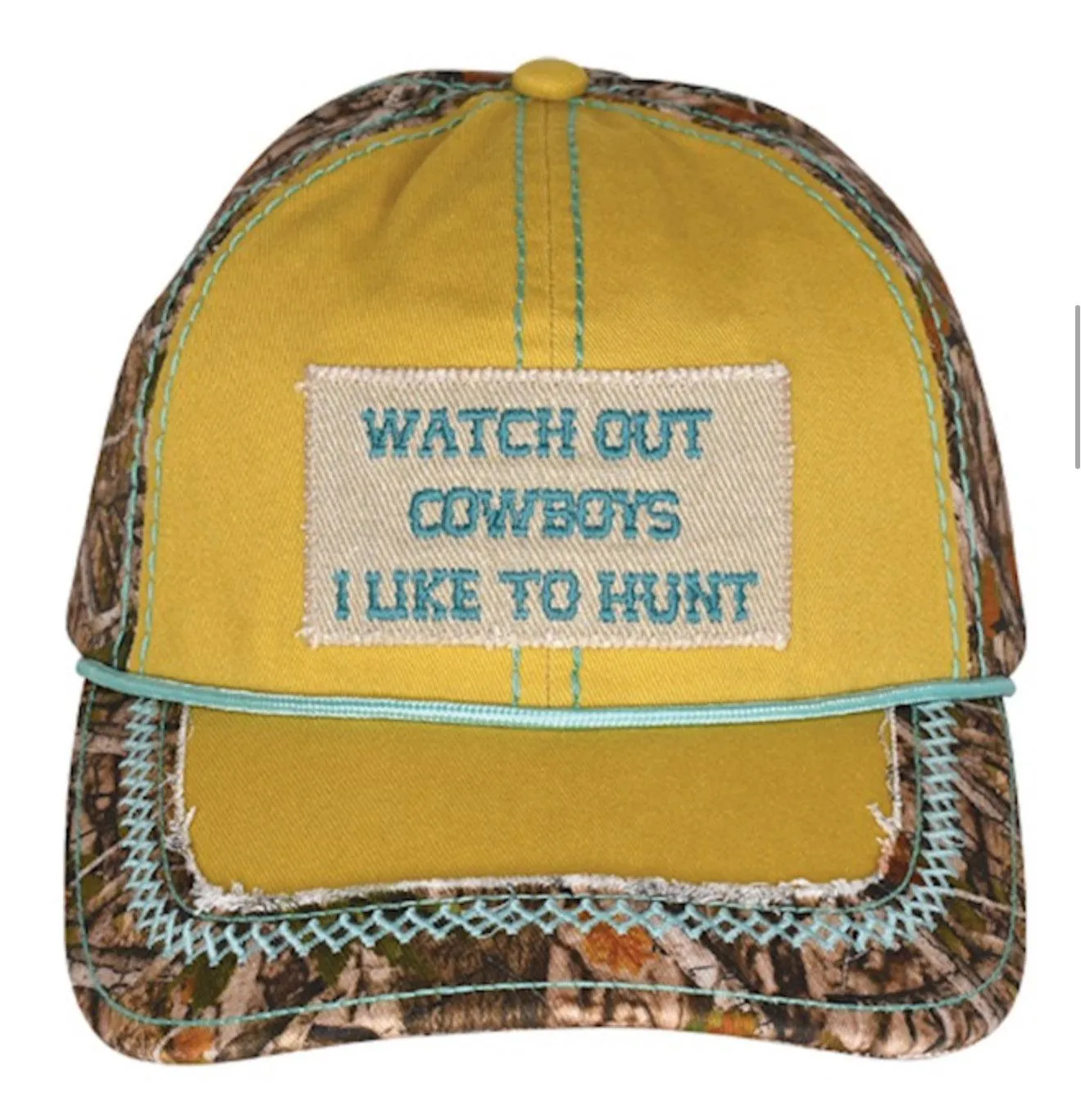 Catchfly Ladies Watch Out Cowboys Yellow and Camo Ponytail Baseball Cap  23204HB7