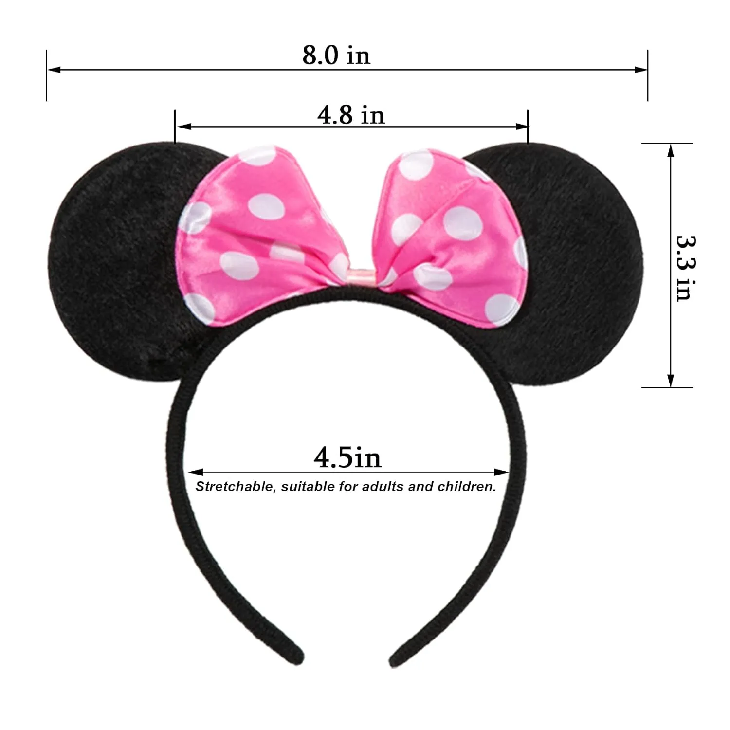 CHuangQi 1pcs Mouse Ears Headband, Solid Black & Pink Bow with Polka Dot for Girls, Party Favors (XC37)