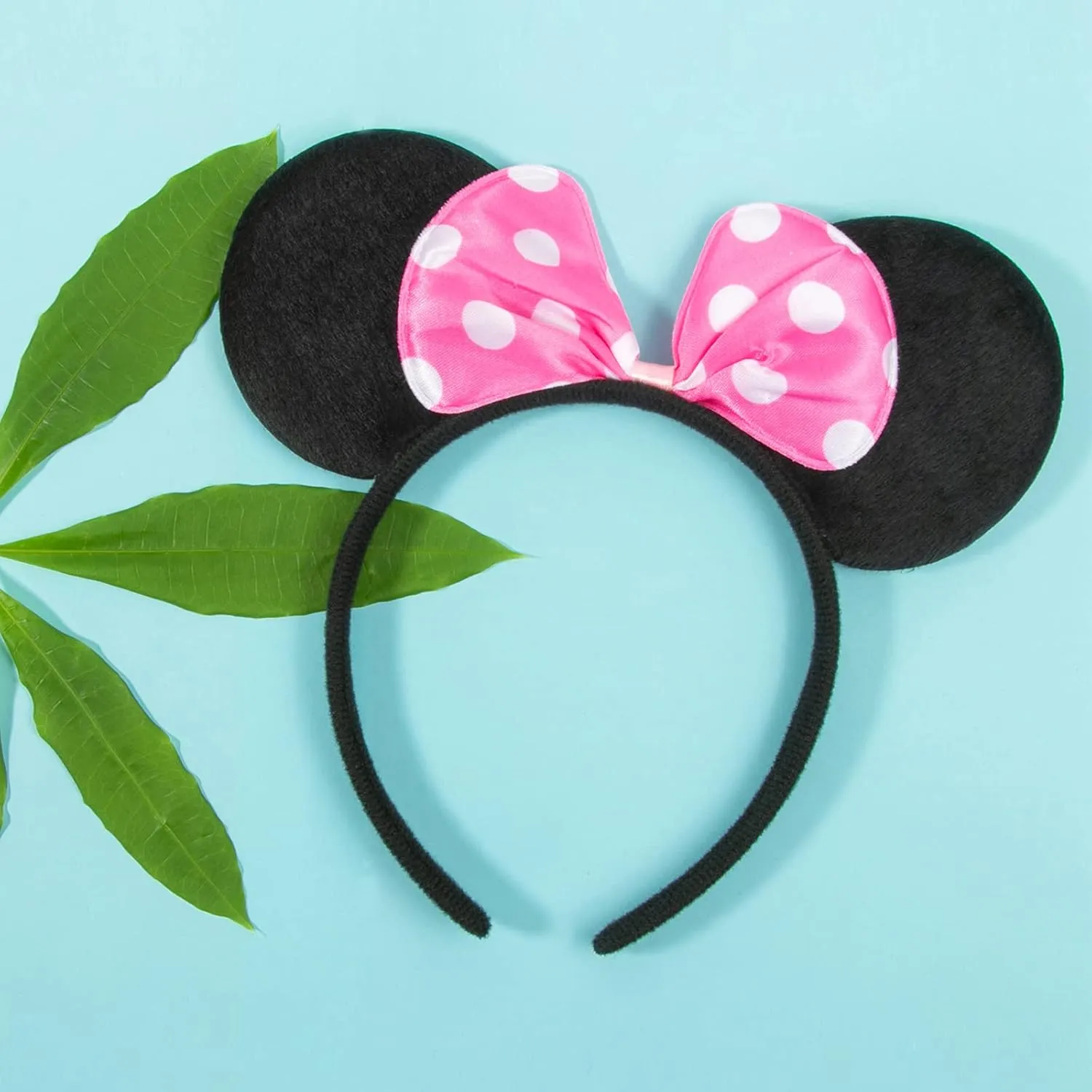 CHuangQi 1pcs Mouse Ears Headband, Solid Black & Pink Bow with Polka Dot for Girls, Party Favors (XC37)