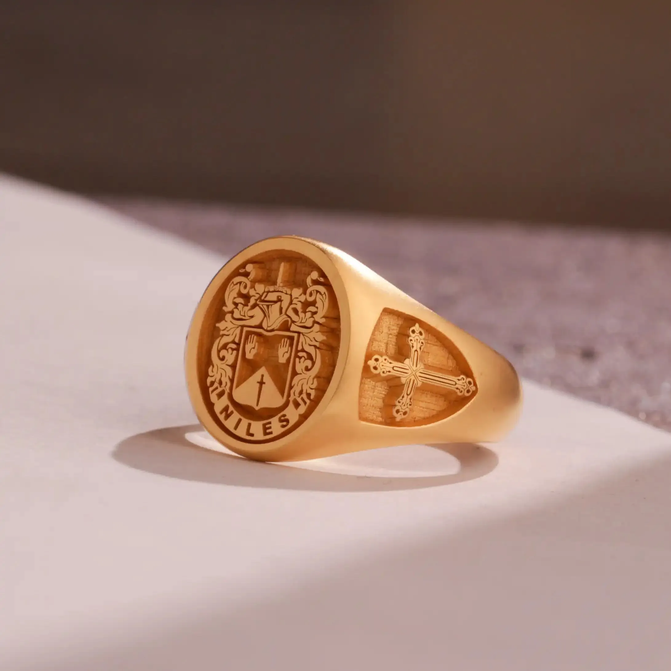 Custom Ring - Gold Coated - Raised Design with Side Engravings