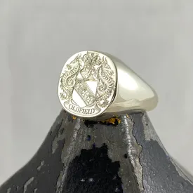 Family Coat of Arms Engraved  14mm x 13mm  Cushion -  9 Carat White Gold Signet Ring