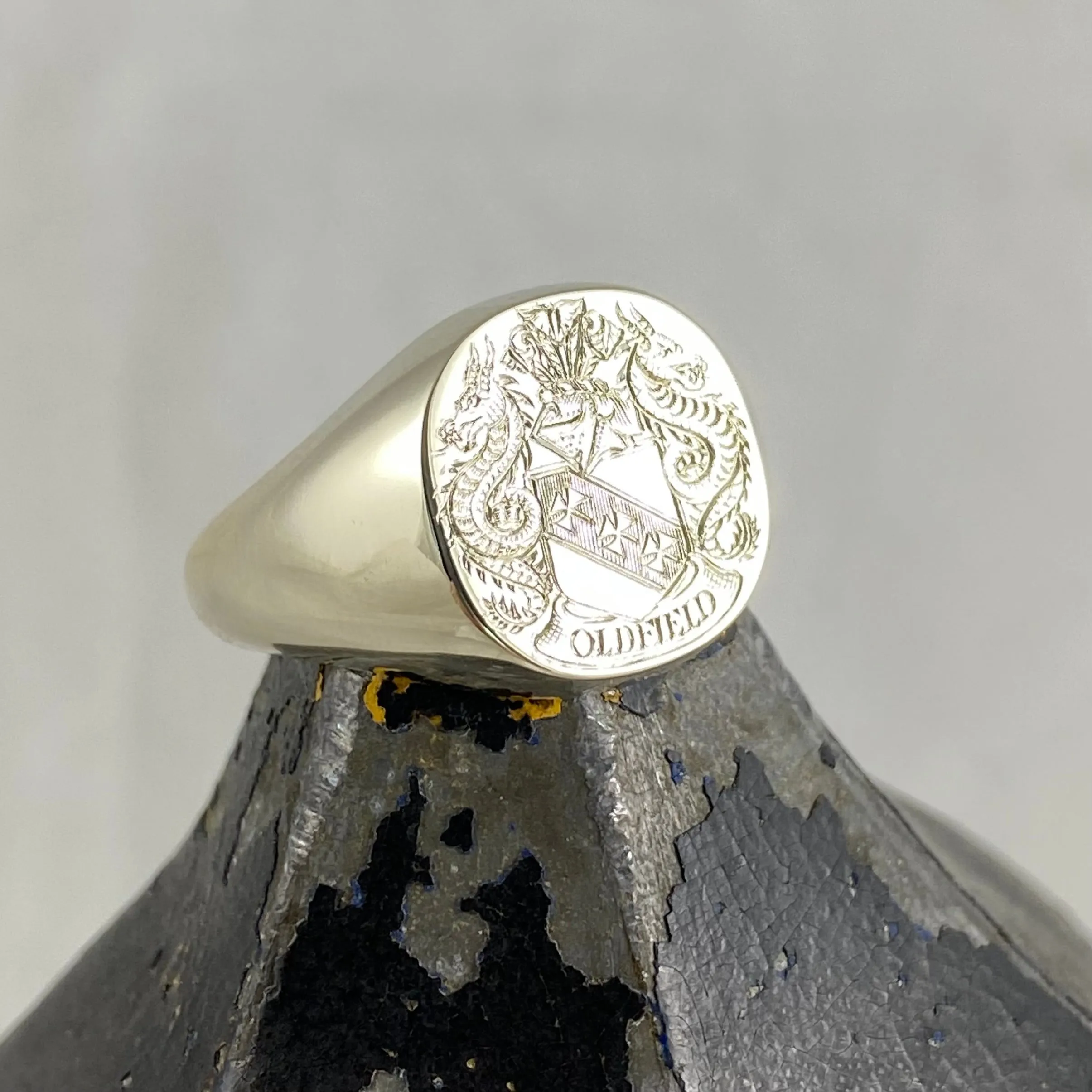 Family Coat of Arms Engraved  14mm x 13mm  Cushion -  9 Carat White Gold Signet Ring