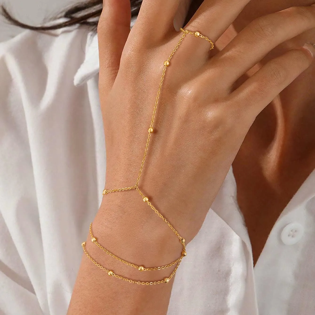 Gold Bracelets for Women, 14K Gold Plated/Silver Hand Chain Bracelet for Women Trendy Finger Ring Bracelet Hand Chain Dainty Adjustable Hand Chain Jewelry Gifts for Women