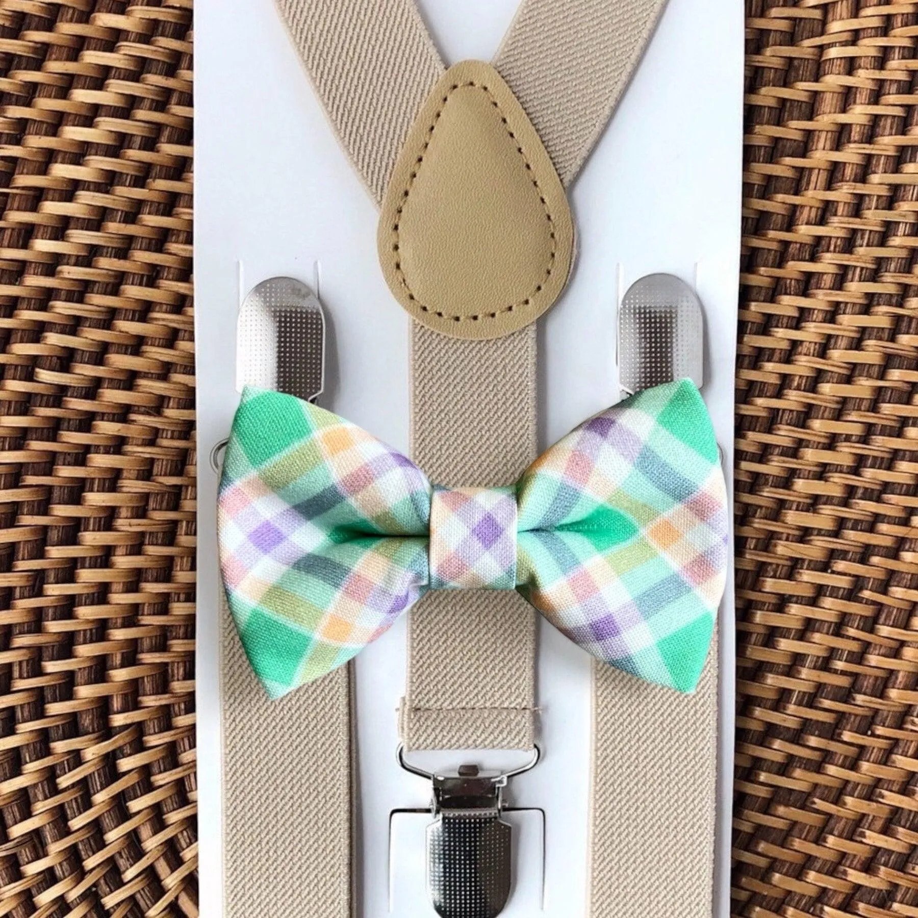 Green & Purple Easter Bow Tie & Tan Suspenders