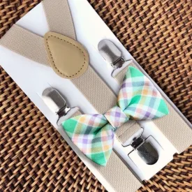 Green & Purple Easter Bow Tie & Tan Suspenders
