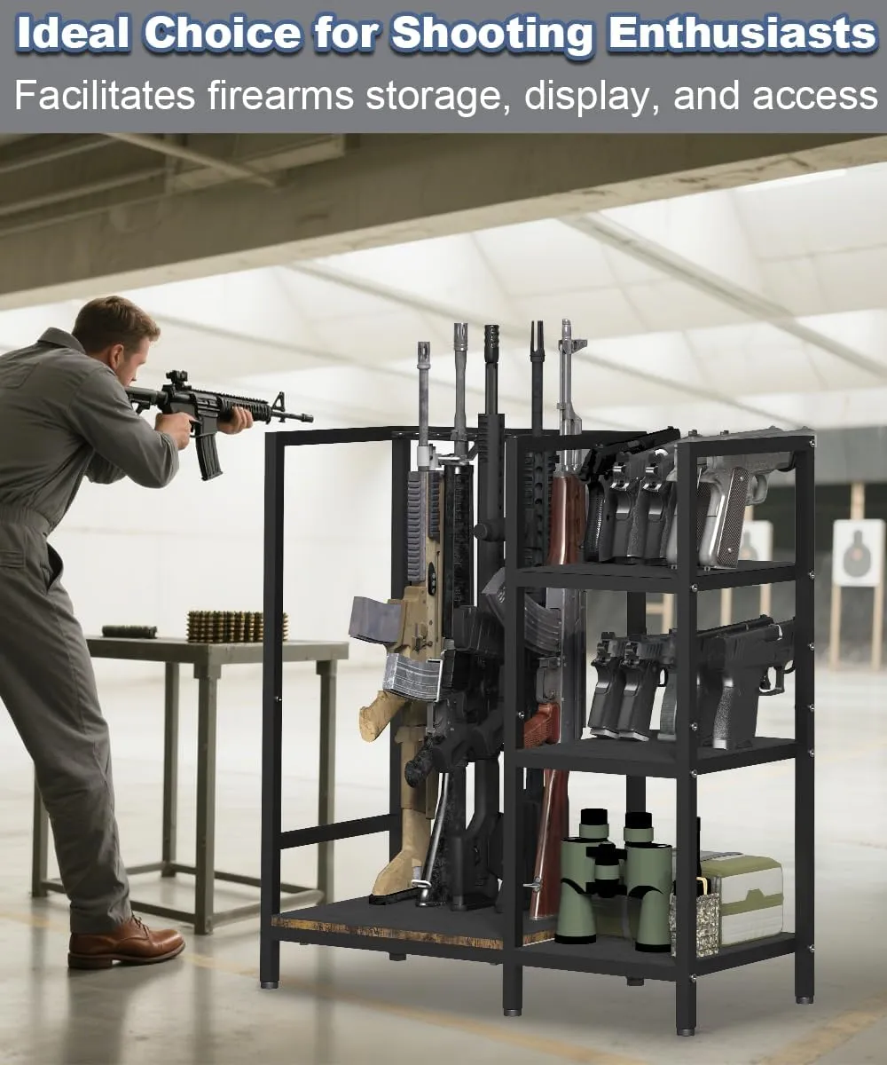 Gun Rack, Floor Standing Rifle Stand with Pistol Shelves, Vertical Shotgun Storage Holder Display Racks Indoor with Padding for Home or Garage, Hold up to 5 Long Guns and 10 Handguns, Black