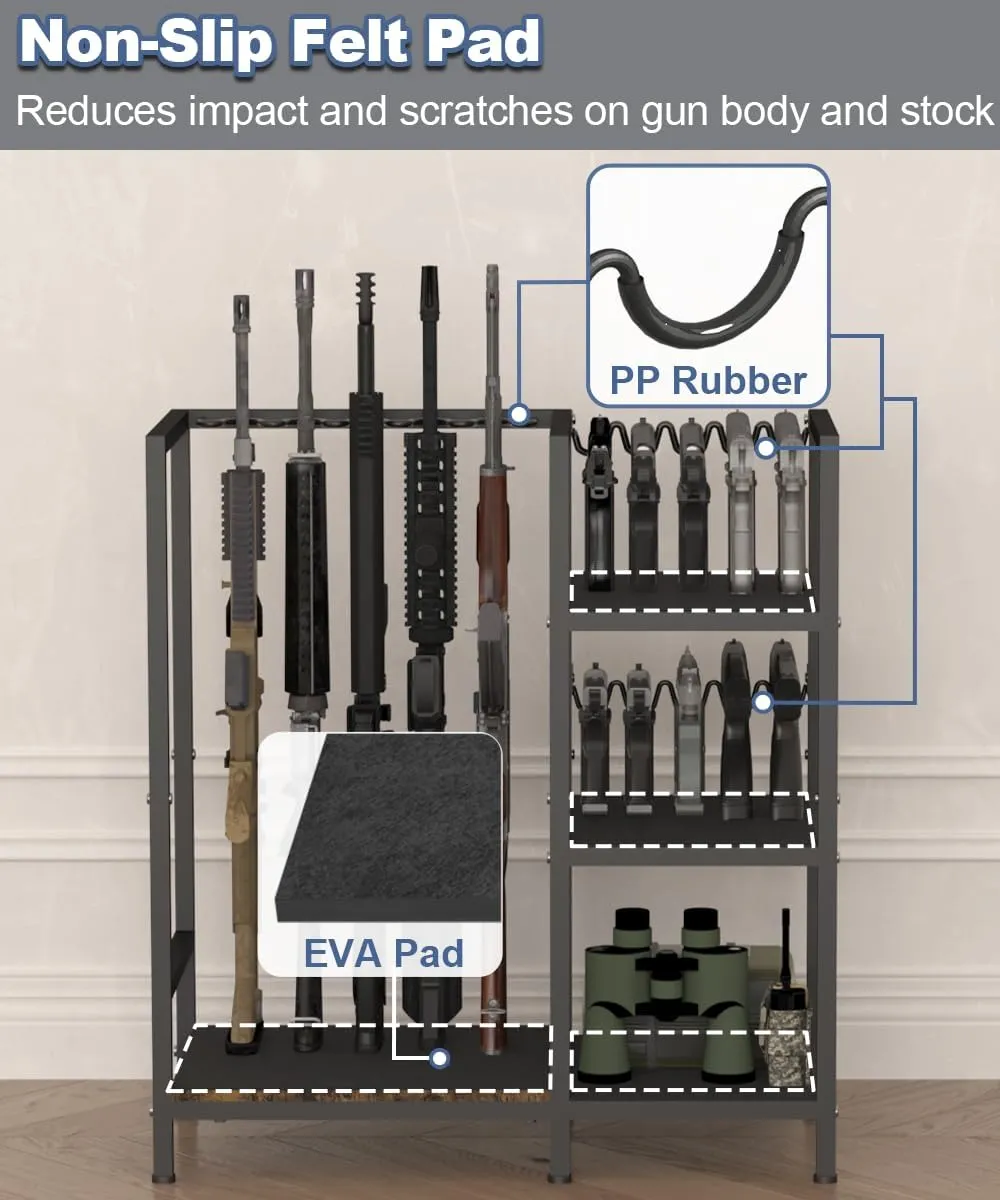 Gun Rack, Floor Standing Rifle Stand with Pistol Shelves, Vertical Shotgun Storage Holder Display Racks Indoor with Padding for Home or Garage, Hold up to 5 Long Guns and 10 Handguns, Black