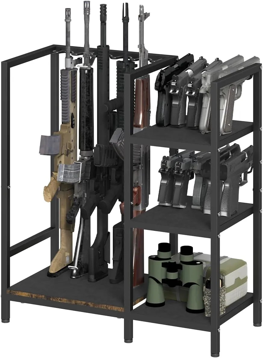 Gun Rack, Floor Standing Rifle Stand with Pistol Shelves, Vertical Shotgun Storage Holder Display Racks Indoor with Padding for Home or Garage, Hold up to 5 Long Guns and 10 Handguns, Black