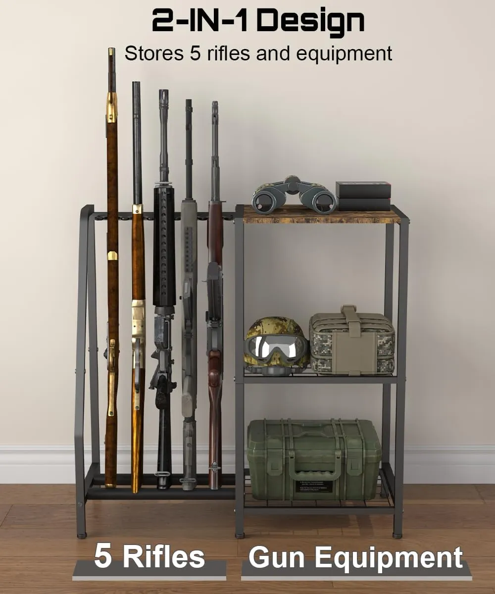 Gun Rack Stand, Vertical Rifle Display Holder with Gun Storage Solutions Shelf, Floor Shotgun Organizer Racks with Padding for Home Garage, Hold up to Long Guns and Gun Accessories
