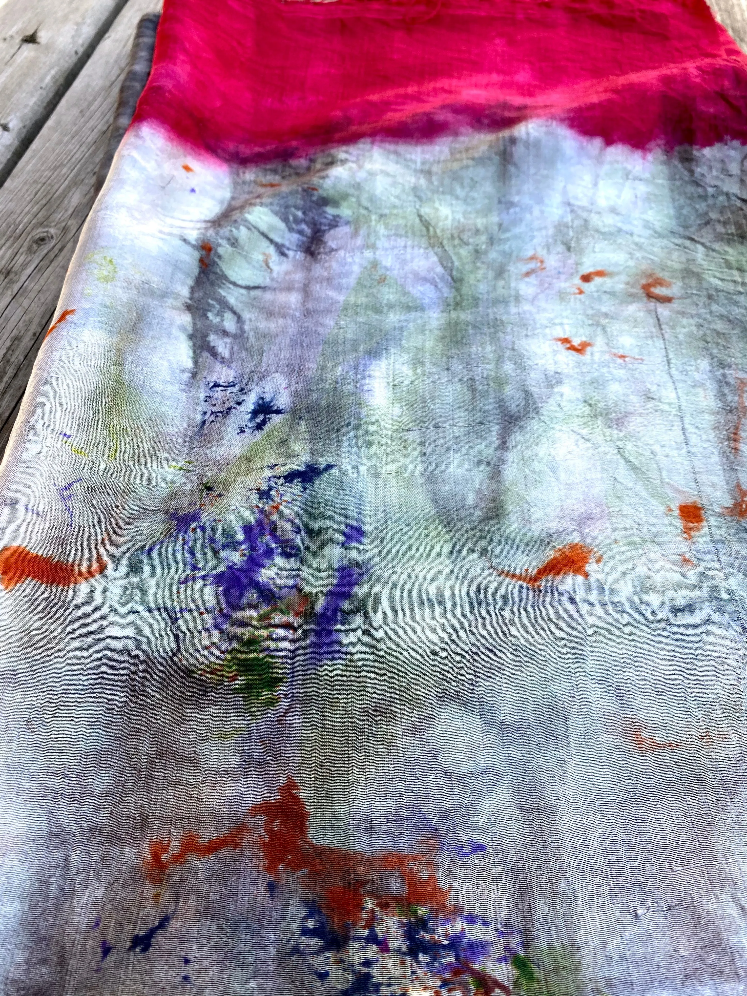 Hand Dyed Silk Scarf "Cthulhu’s Kinky Boots" Green Grey Khaki Navy Orange Violet Scarlet Red Mulberry Silk Scarf 24” x 75” 61cm x 190cm