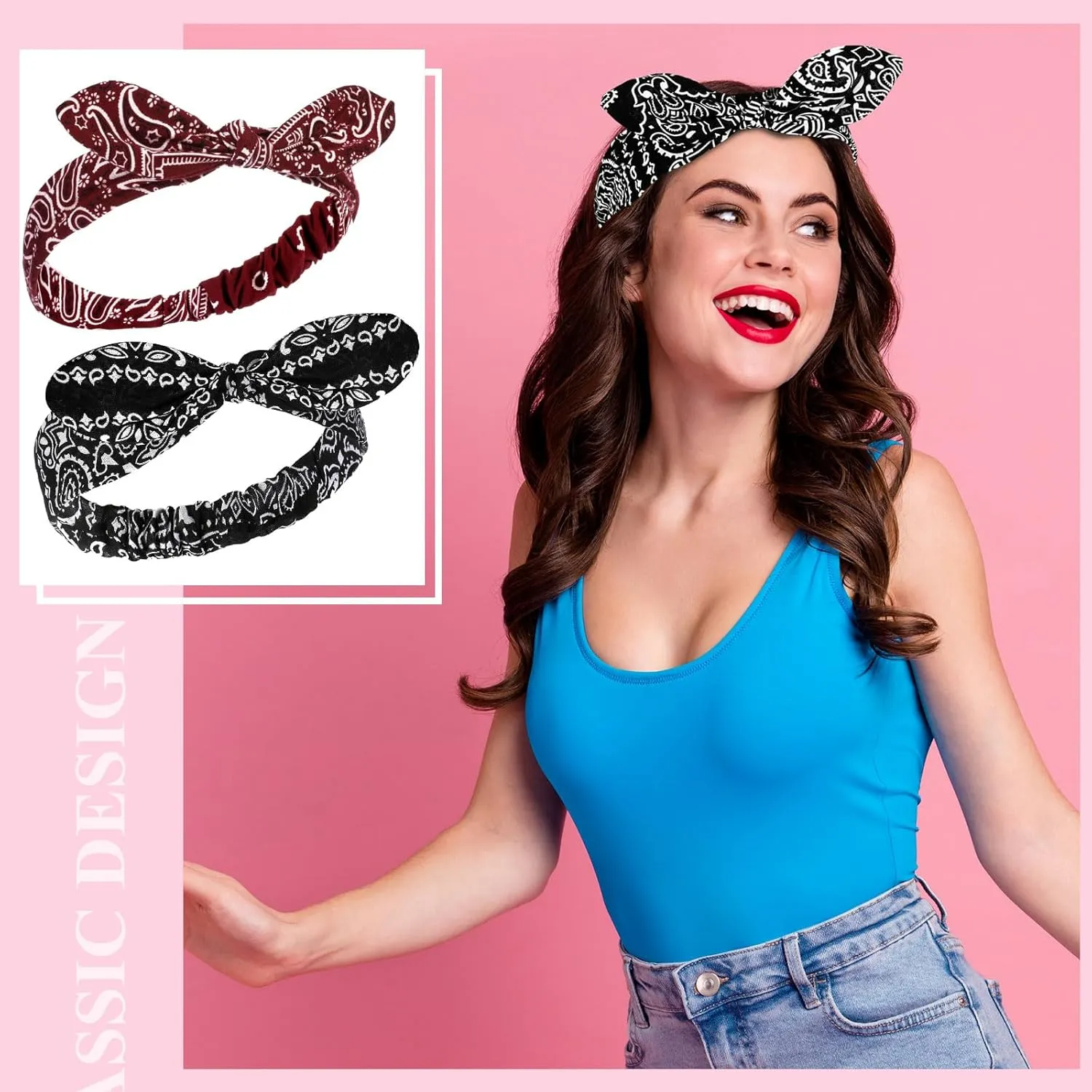 Hicarer 2 Pieces Bandana Headband for Women, Knot Retro Print Bandana Paisley Print Headband Adjustable Headwrap(Black, Deep Red)