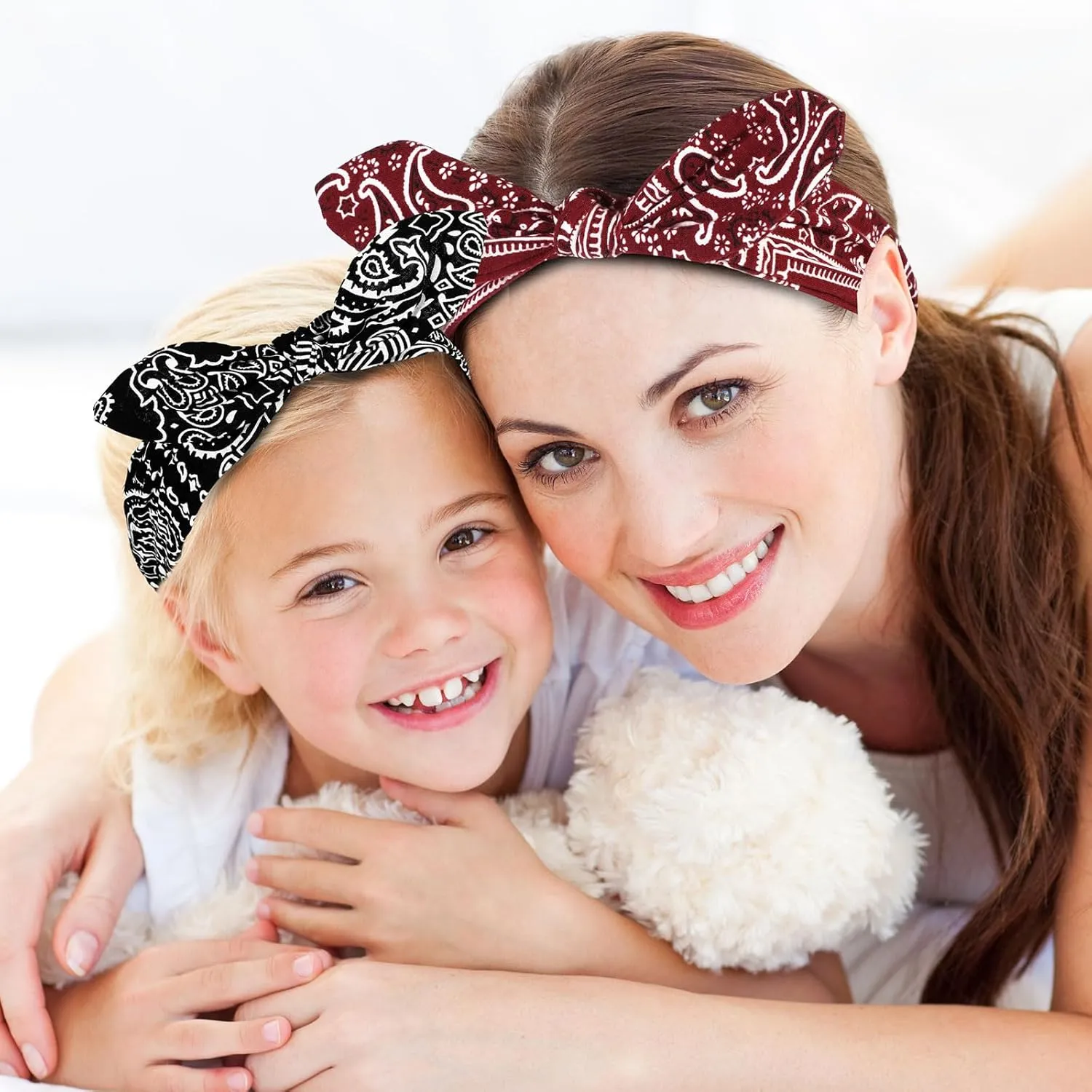 Hicarer 2 Pieces Bandana Headband for Women, Knot Retro Print Bandana Paisley Print Headband Adjustable Headwrap(Black, Deep Red)