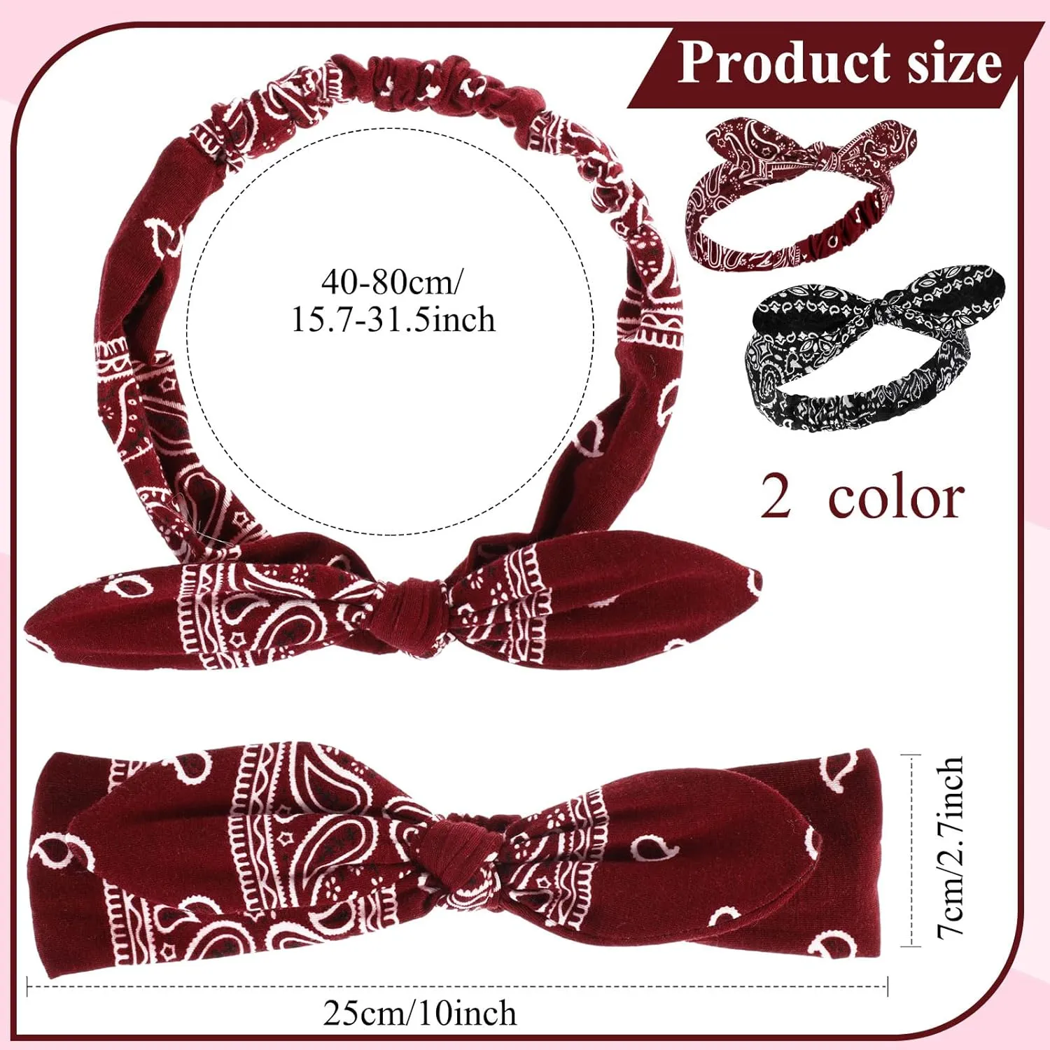Hicarer 2 Pieces Bandana Headband for Women, Knot Retro Print Bandana Paisley Print Headband Adjustable Headwrap(Black, Deep Red)