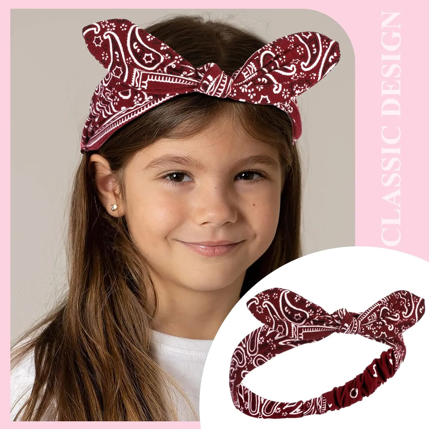 Hicarer 2 Pieces Bandana Headband for Women, Knot Retro Print Bandana Paisley Print Headband Adjustable Headwrap(Black, Deep Red)