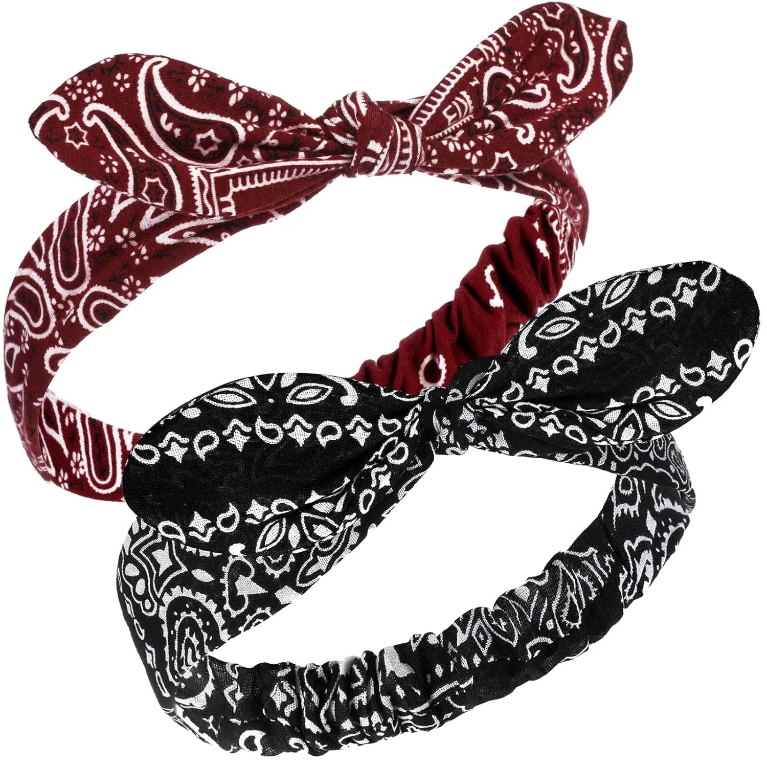 Hicarer 2 Pieces Bandana Headband for Women, Knot Retro Print Bandana Paisley Print Headband Adjustable Headwrap(Black, Deep Red)