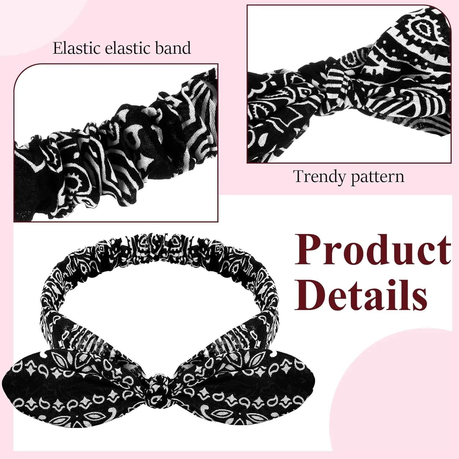 Hicarer 2 Pieces Bandana Headband for Women, Knot Retro Print Bandana Paisley Print Headband Adjustable Headwrap(Black, Deep Red)