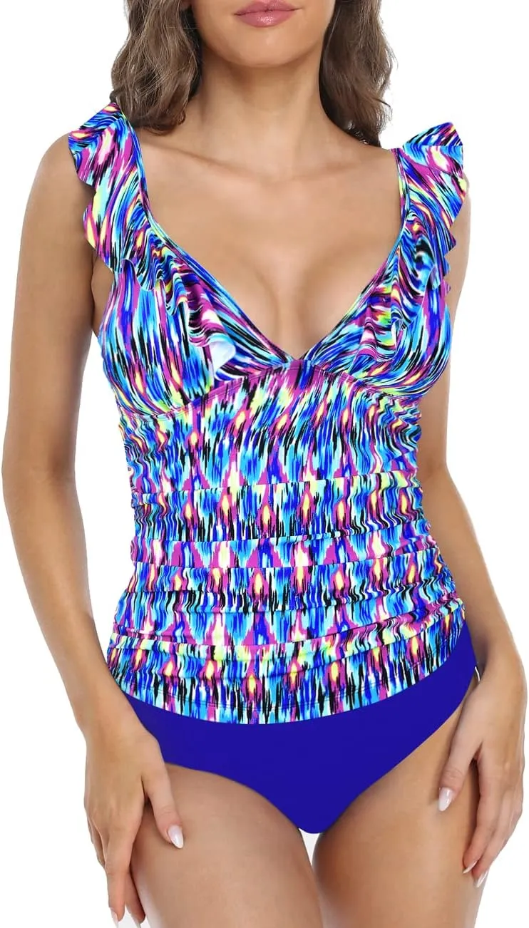Hilor Women's Tankini Swimsuits Shirred Tummy Control Swimwear Ruffled V Neck Two Piece Bathing Suits