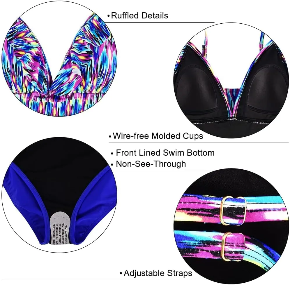 Hilor Women's Tankini Swimsuits Shirred Tummy Control Swimwear Ruffled V Neck Two Piece Bathing Suits