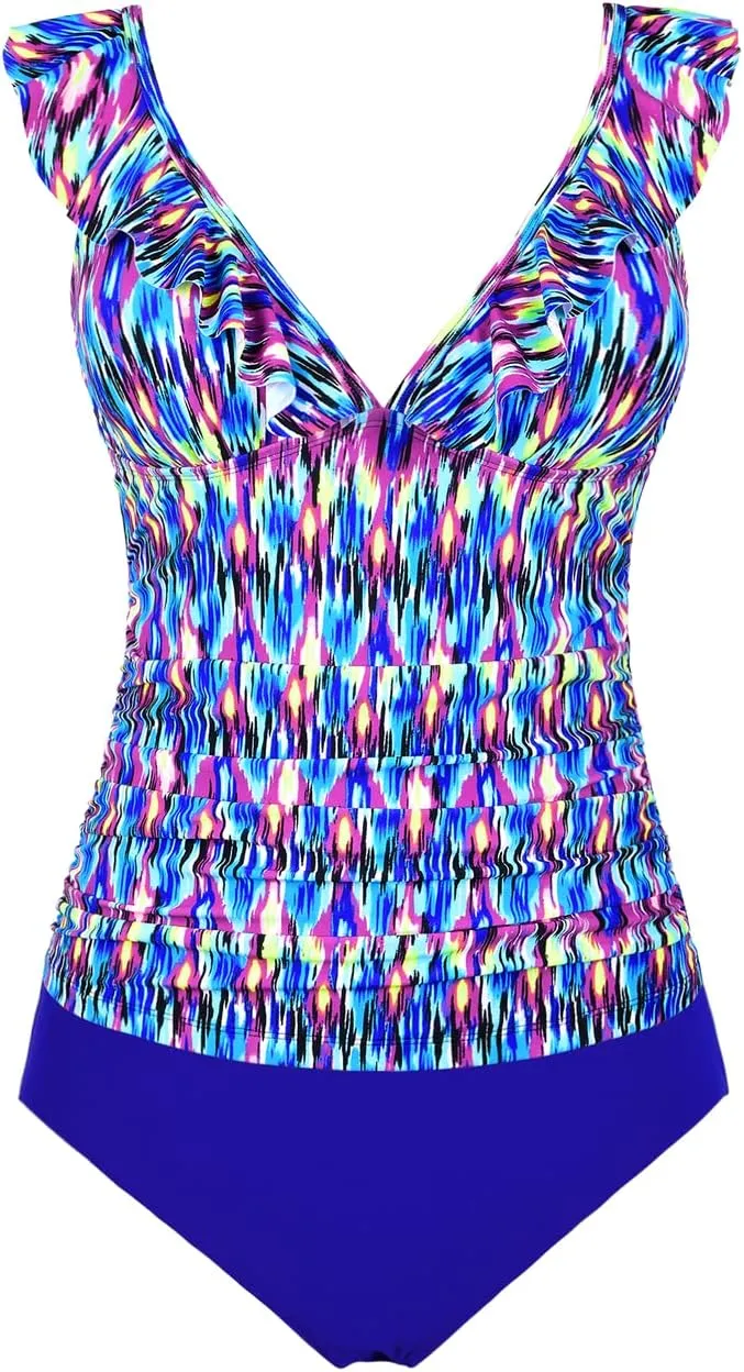 Hilor Women's Tankini Swimsuits Shirred Tummy Control Swimwear Ruffled V Neck Two Piece Bathing Suits