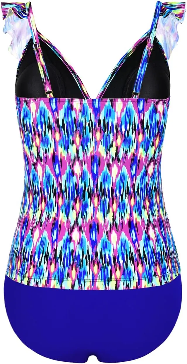Hilor Women's Tankini Swimsuits Shirred Tummy Control Swimwear Ruffled V Neck Two Piece Bathing Suits