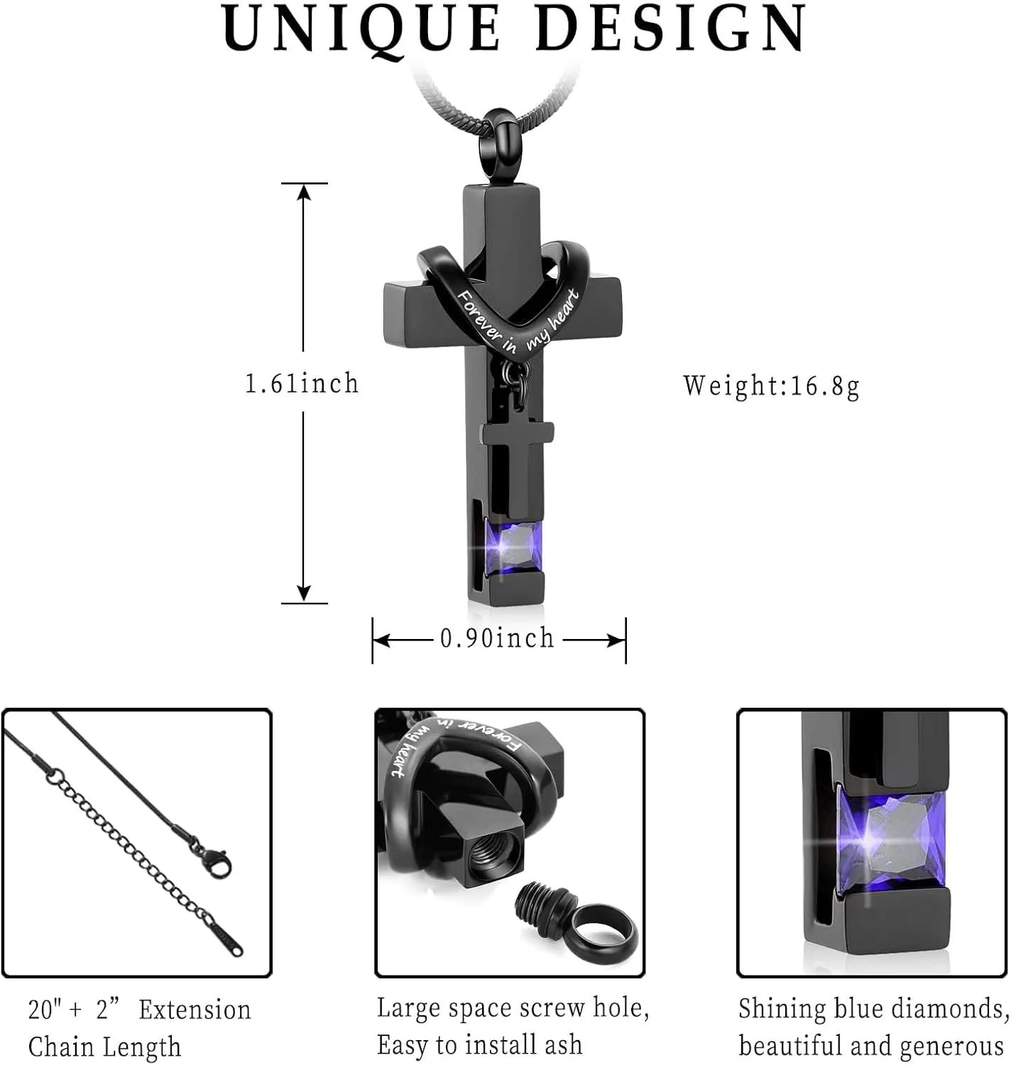 Imrsanl Crystal Cross Necklace for Ashes - Stainless Steel Keepsake Cremation Jewelry - Religious Cross Memorial Urn Necklace for Pet Human Ashes Pendant