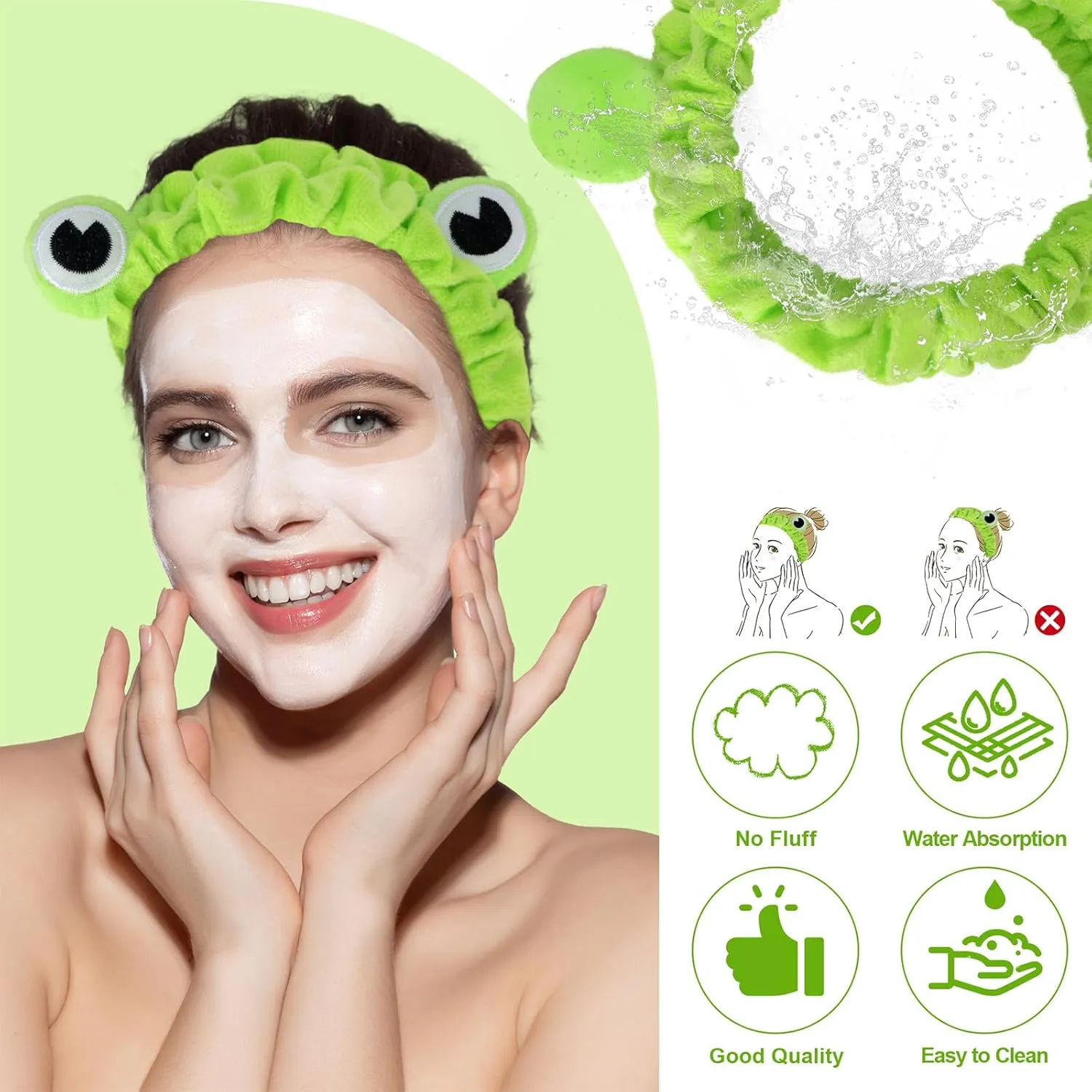 Jowmoy Green Frog Eye Elastic Headband - Versatile for Spa, Skincare, Makeup, Face Wash, Fun Gift for Women (1 Pack)