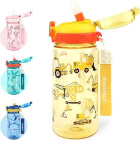 Kids Water Bottle for School or Travel, 20 Oz Durable Plastic Water Bottle with Silicone Straw and Pop-Up Spout Cover, BPA Free & Dishwasher Safe(Excavator)