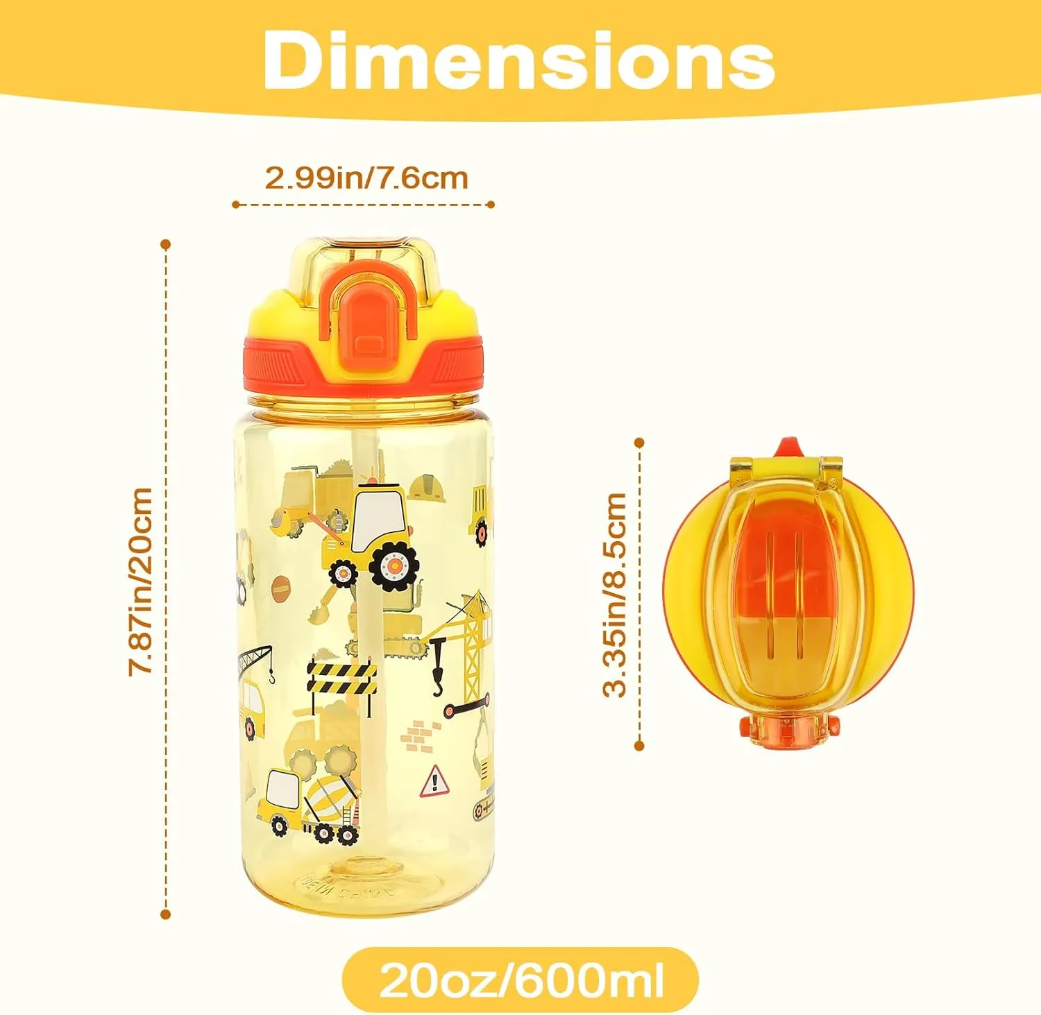 Kids Water Bottle for School or Travel, 20 Oz Durable Plastic Water Bottle with Silicone Straw and Pop-Up Spout Cover, BPA Free & Dishwasher Safe(Excavator)