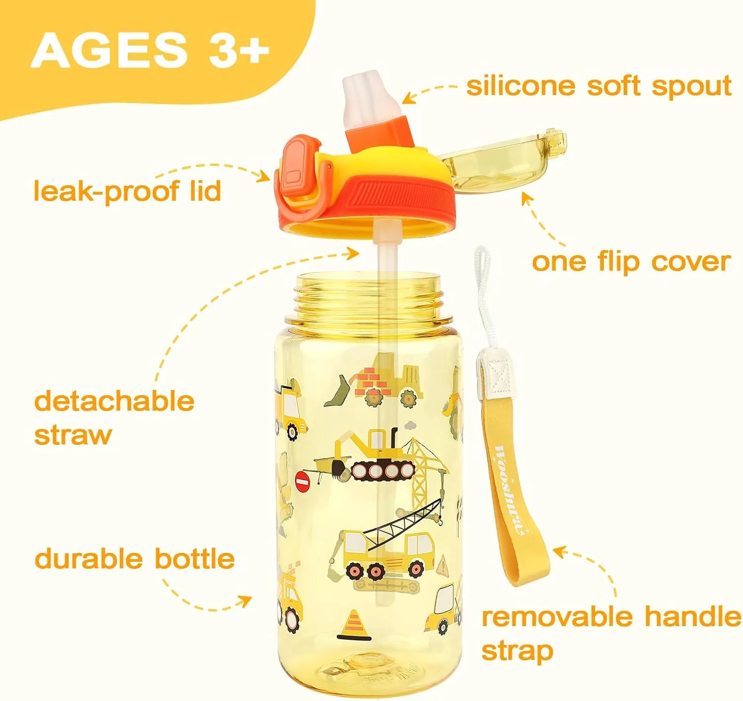 Kids Water Bottle for School or Travel, 20 Oz Durable Plastic Water Bottle with Silicone Straw and Pop-Up Spout Cover, BPA Free & Dishwasher Safe(Excavator)