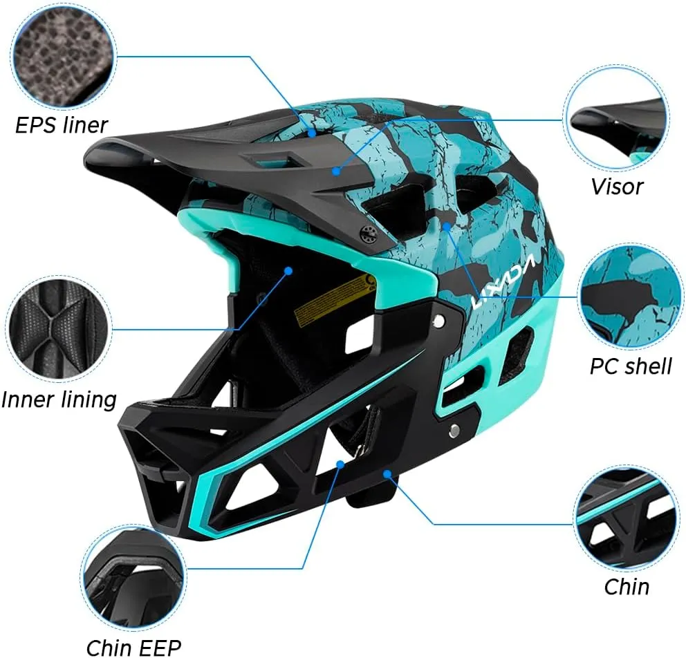 Lixada Adult Bike Helmet, Full Face Mountain Bike Helmet Lightweight Bicycle Helmet with Pads & Visor, Comfort Cycling Helmet Racing Downhill MTB Helmet for Men Women