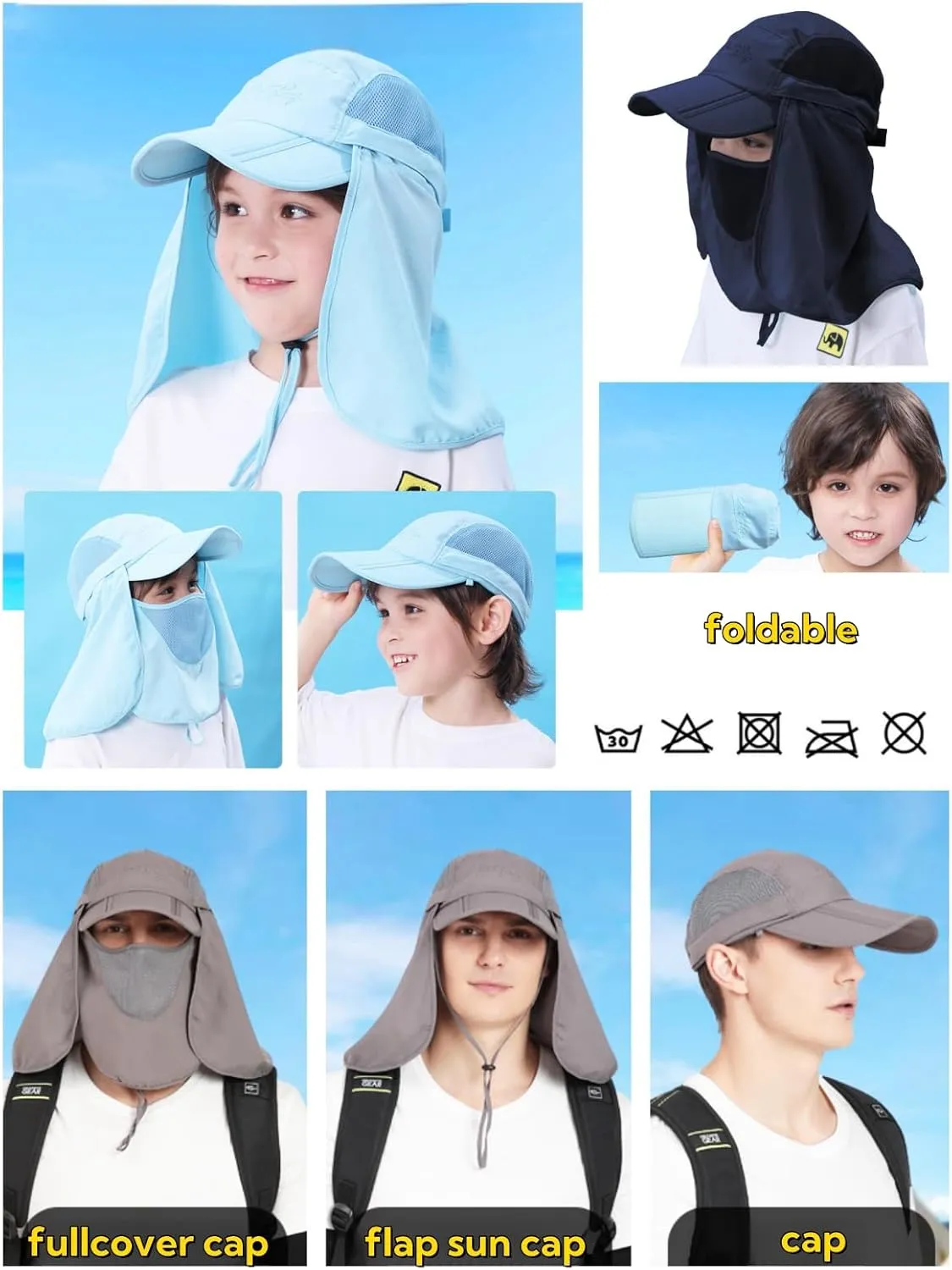LLmoway Mens Womens Kids Sun Protection Fishing Hat Safari Flap Cap Quick Dry