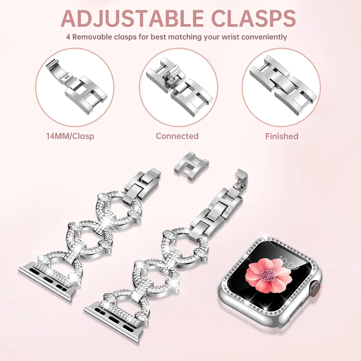 Mesime Compatible with Apple Watch Band 38mm 40mm 41mm 42mm 44mm 45mm 46mm, Women Bling Jewelry Bands with Tempered Glass Screen Protector Case, Shiny Strap for iWatch Series 10/9/8/7/6/5/4/3/2/1/SE