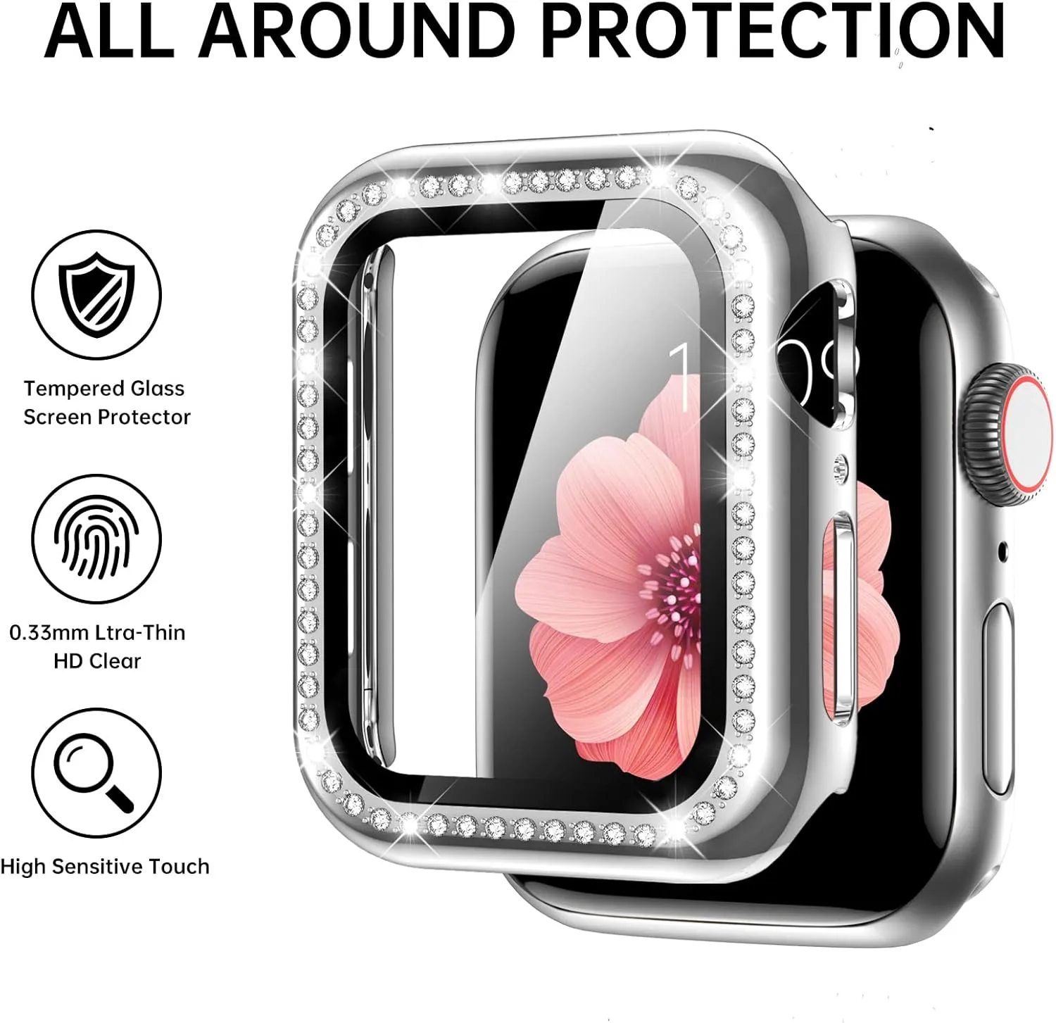 Mesime Compatible with Apple Watch Band 38mm 40mm 41mm 42mm 44mm 45mm 46mm, Women Bling Jewelry Bands with Tempered Glass Screen Protector Case, Shiny Strap for iWatch Series 10/9/8/7/6/5/4/3/2/1/SE