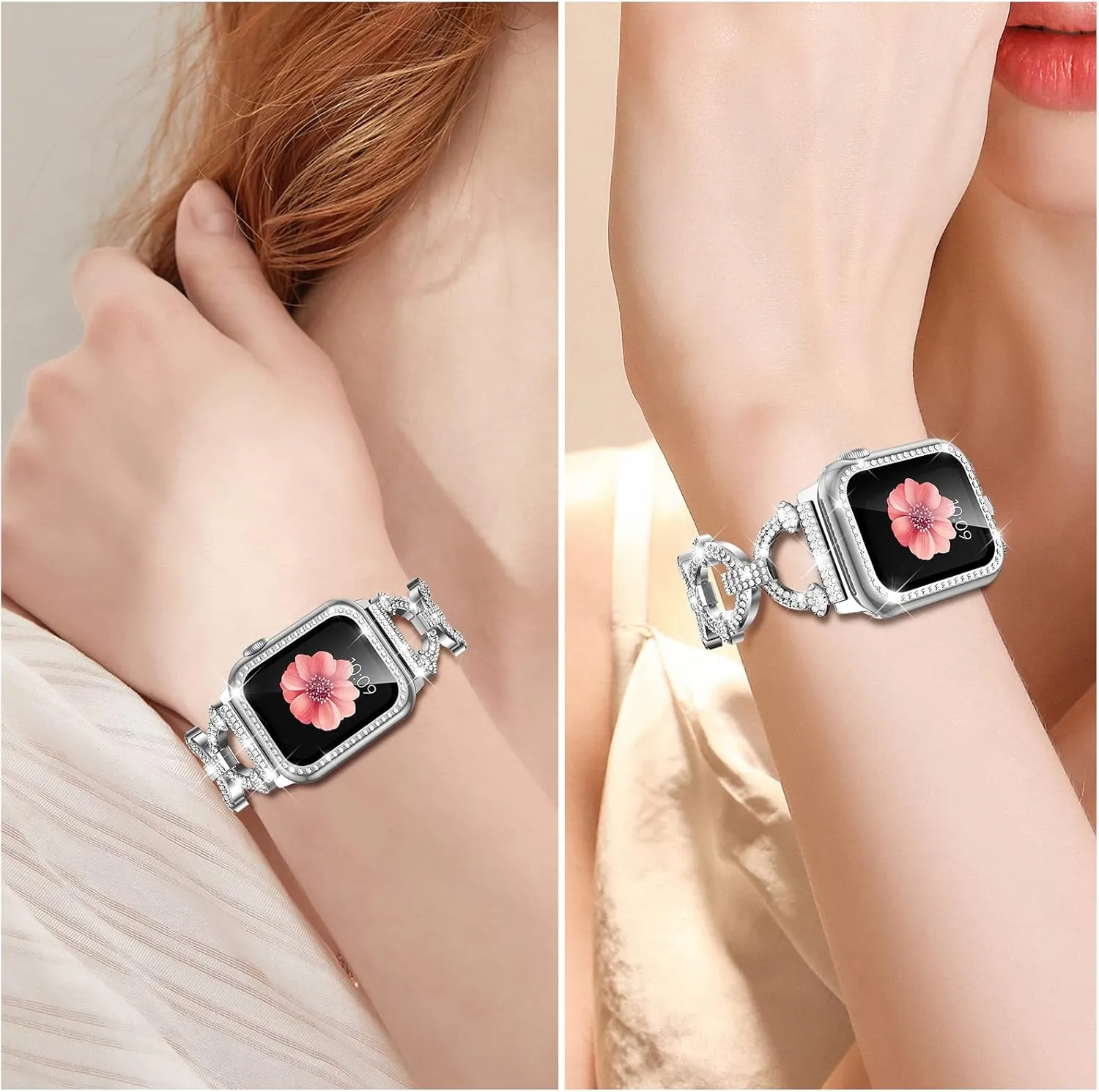 Mesime Compatible with Apple Watch Band 38mm 40mm 41mm 42mm 44mm 45mm 46mm, Women Bling Jewelry Bands with Tempered Glass Screen Protector Case, Shiny Strap for iWatch Series 10/9/8/7/6/5/4/3/2/1/SE