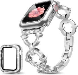 Mesime Compatible with Apple Watch Band 38mm 40mm 41mm 42mm 44mm 45mm 46mm, Women Bling Jewelry Bands with Tempered Glass Screen Protector Case, Shiny Strap for iWatch Series 10/9/8/7/6/5/4/3/2/1/SE