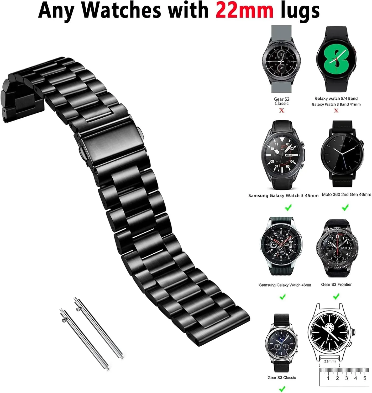 Nelumbo Quick Release Metal Chain Watch Bands,22MM Solid Stainless Steel Business Bracelet Strap for Samsung Gear S3/Galaxy Watch 46mm(2019)/Galaxy Watch 3 45mm