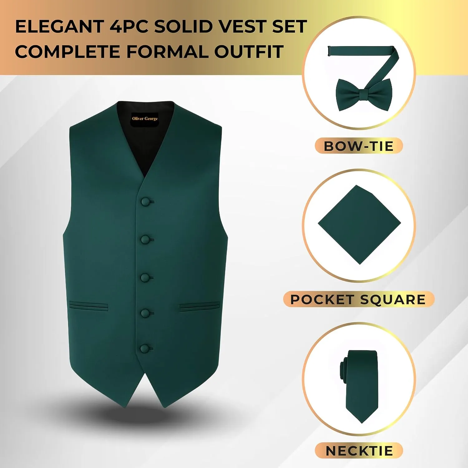 Oliver George 4pc Men's Solid Formal Waistcoat Tuxedo Dress Vest Necktie BowTie Handkerchief Set For Suit or Tuxedo