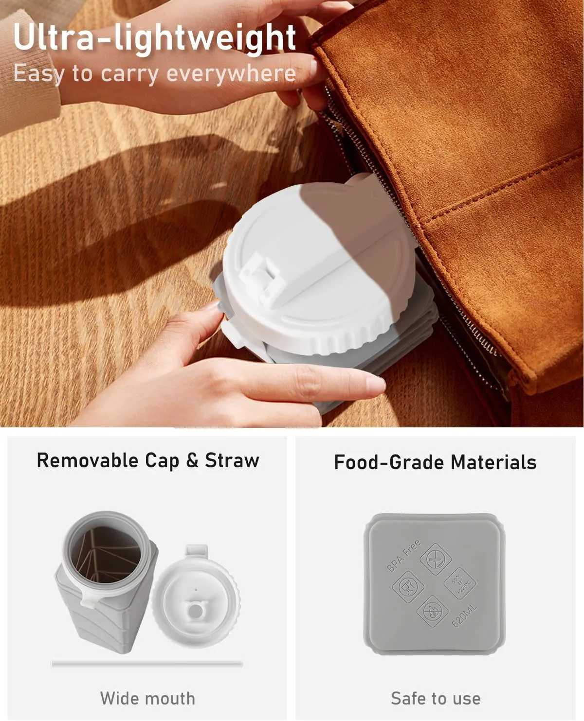 Opard Collapsible Water Bottles BPA Free Leak Proof Foldable Silicone Bottle with Anti-Collapse Ring for Travel Camping Hiking Running Sport