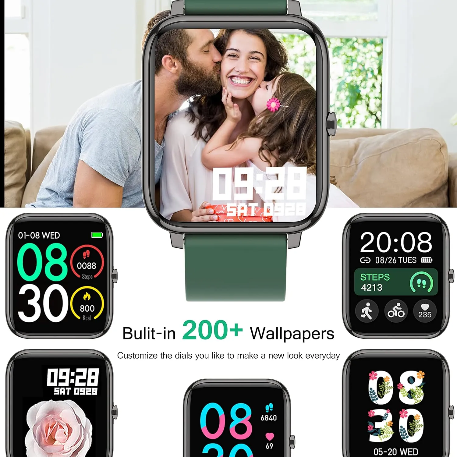 Popglory Smart Watch, Smartwatch with Blood Pressure, Blood Oxygen Monitor, Fitness Tracker with Heart Rate Monitor, Full Touch Fitness Watch for Android & iOS for Men Women (Green)