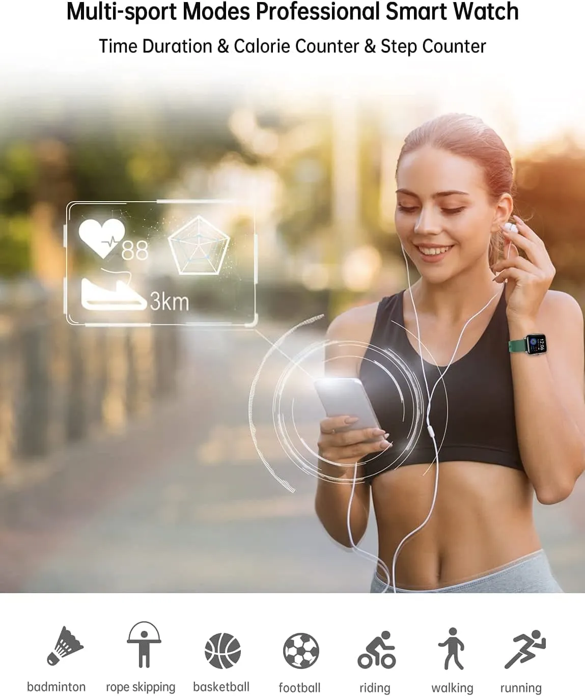 Popglory Smart Watch, Smartwatch with Blood Pressure, Blood Oxygen Monitor, Fitness Tracker with Heart Rate Monitor, Full Touch Fitness Watch for Android & iOS for Men Women (Green)