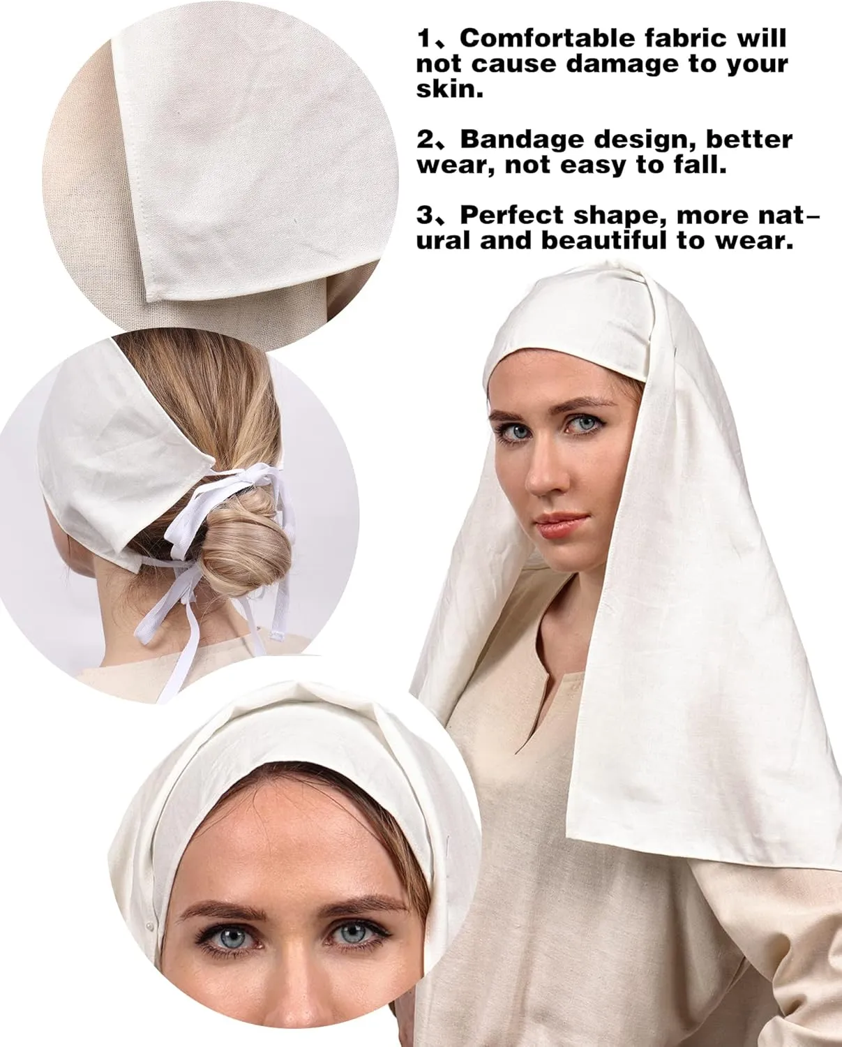 PROCOS Women's Medieval White Nun Veil Renaissance Hat Scarf Coif for 14th Century Cosplay Costume Accessory
